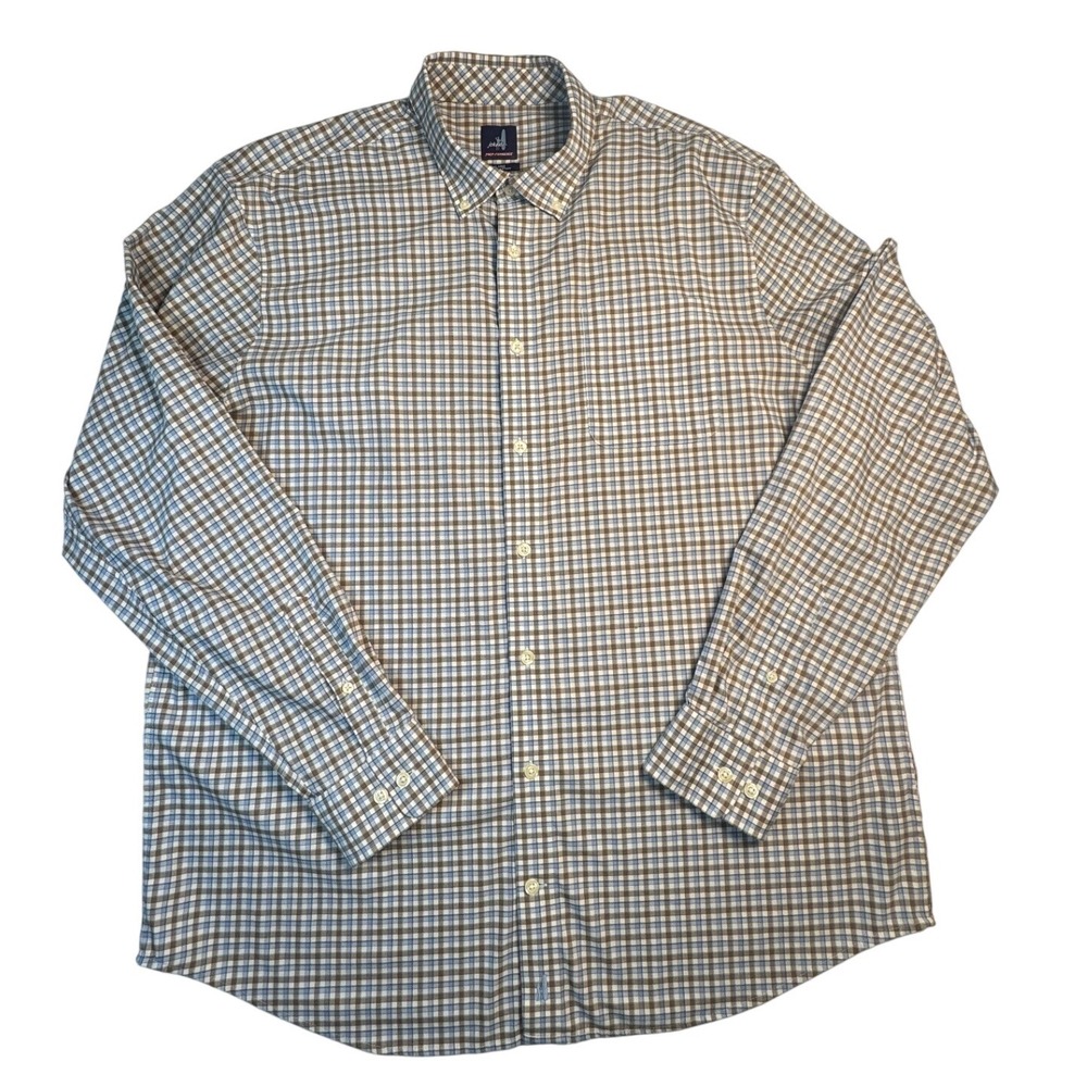 Johnnie-O Prep-Formance Shirt Mens XL Blue Brown Plaid Check Button Perfomance